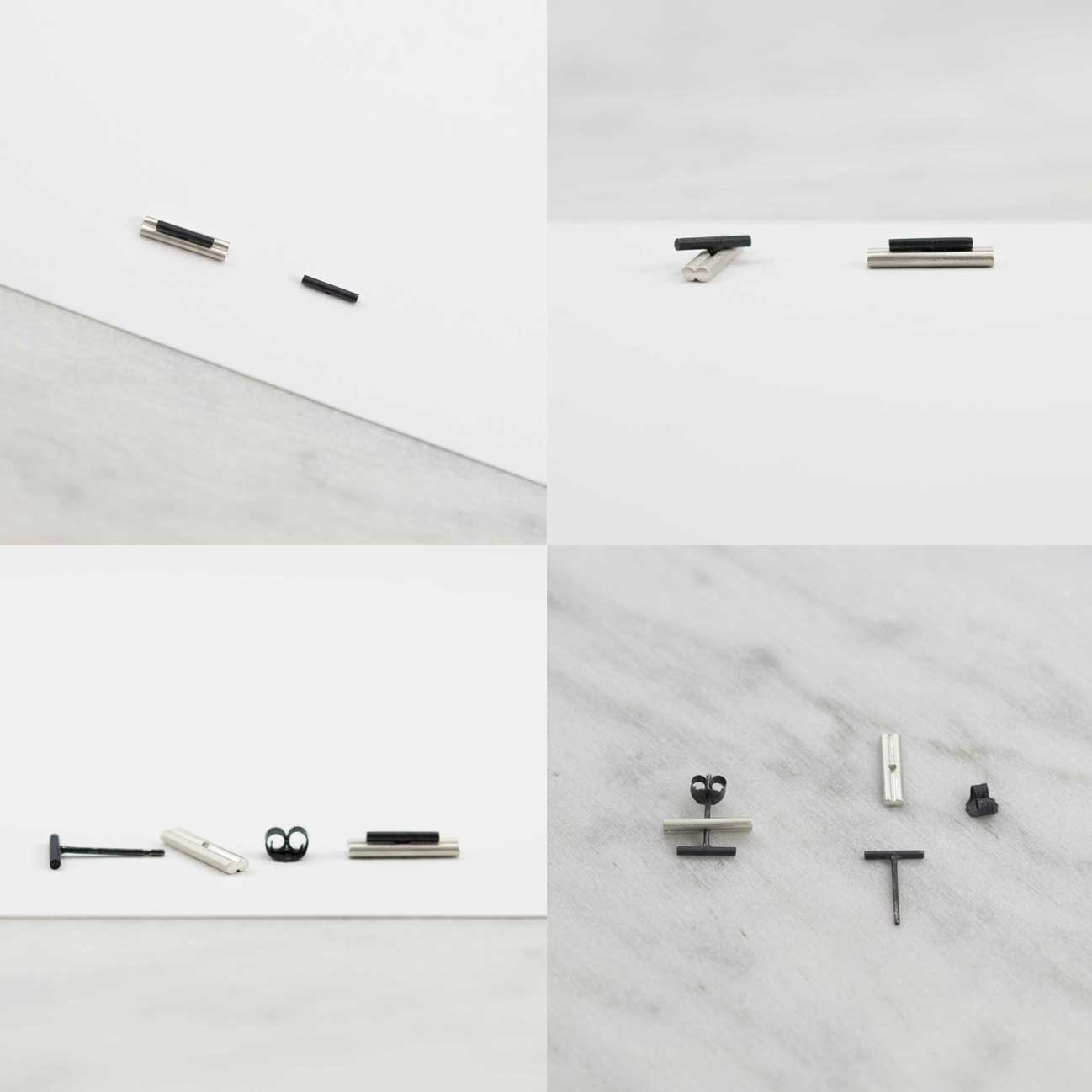 Boucles d'oreilles deux en un N°6 Argent brossé et oxydé noir