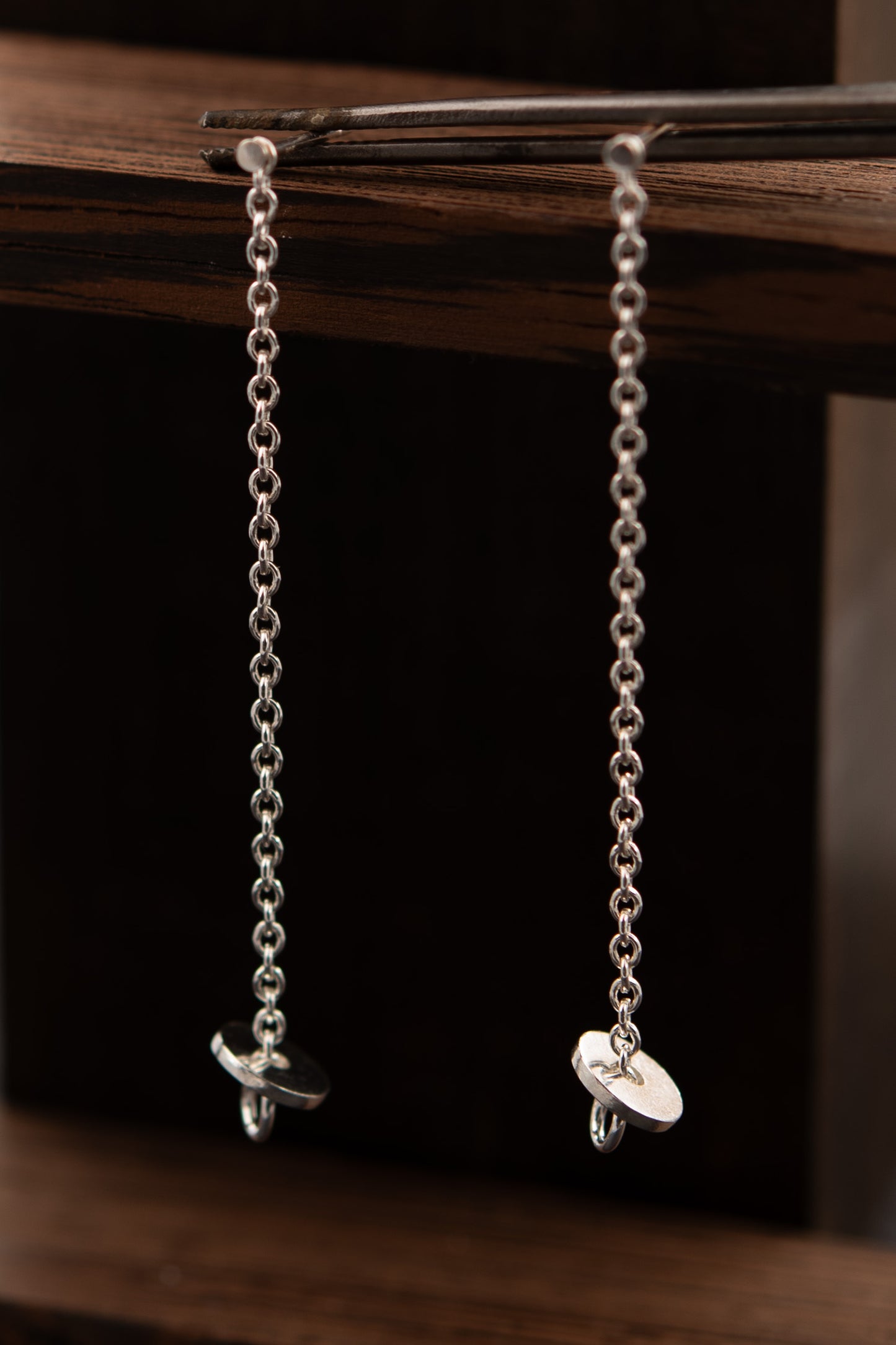 Long Silver Chain earrings with small disc pendants