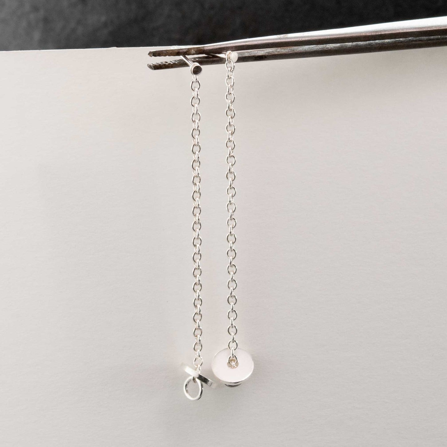 Long Silver Chain earrings with small disc pendants