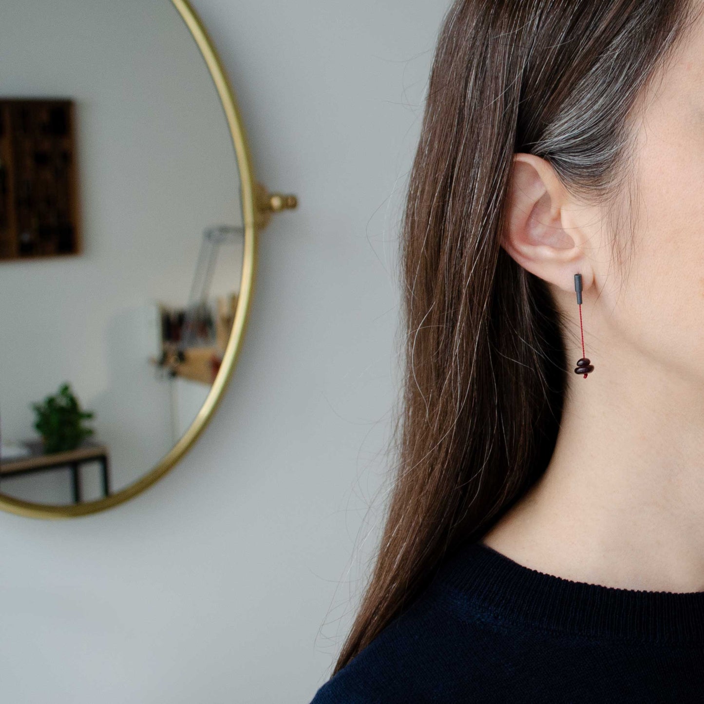 Garnet stone dangle earrings in oxidized silver with red silk cord