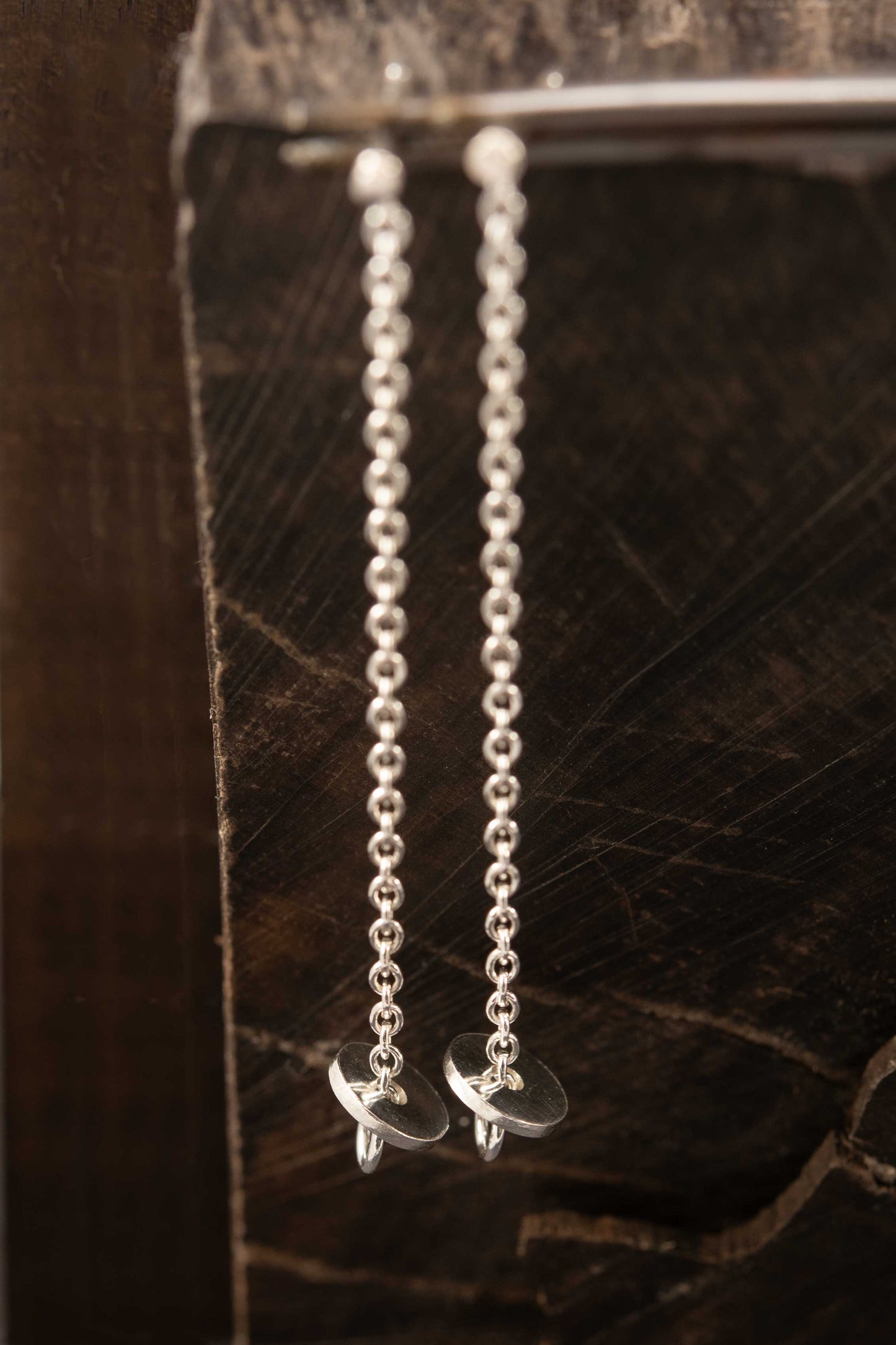 Long Silver Chain earrings with small disc pendants
