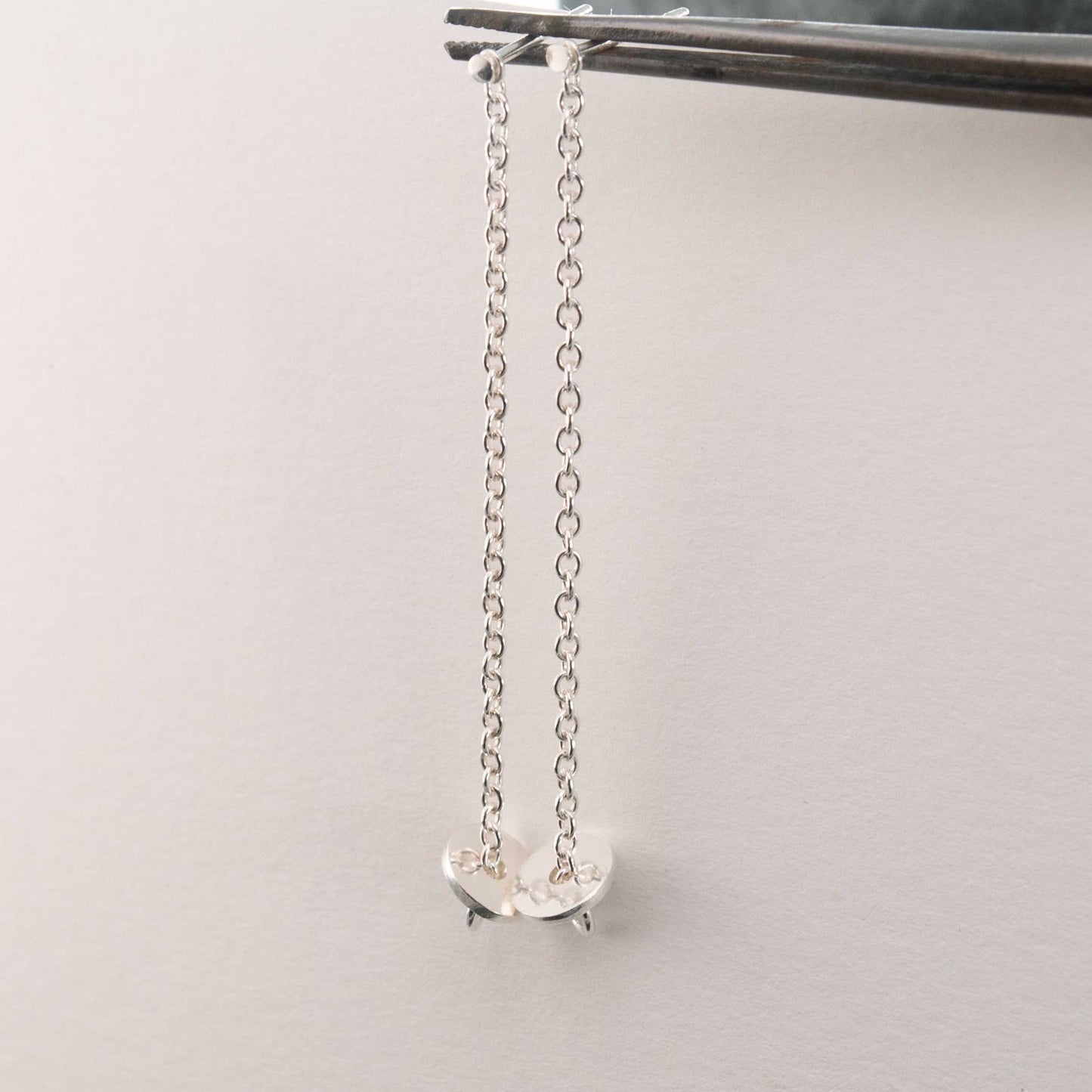 Long Silver Chain earrings with small disc pendants