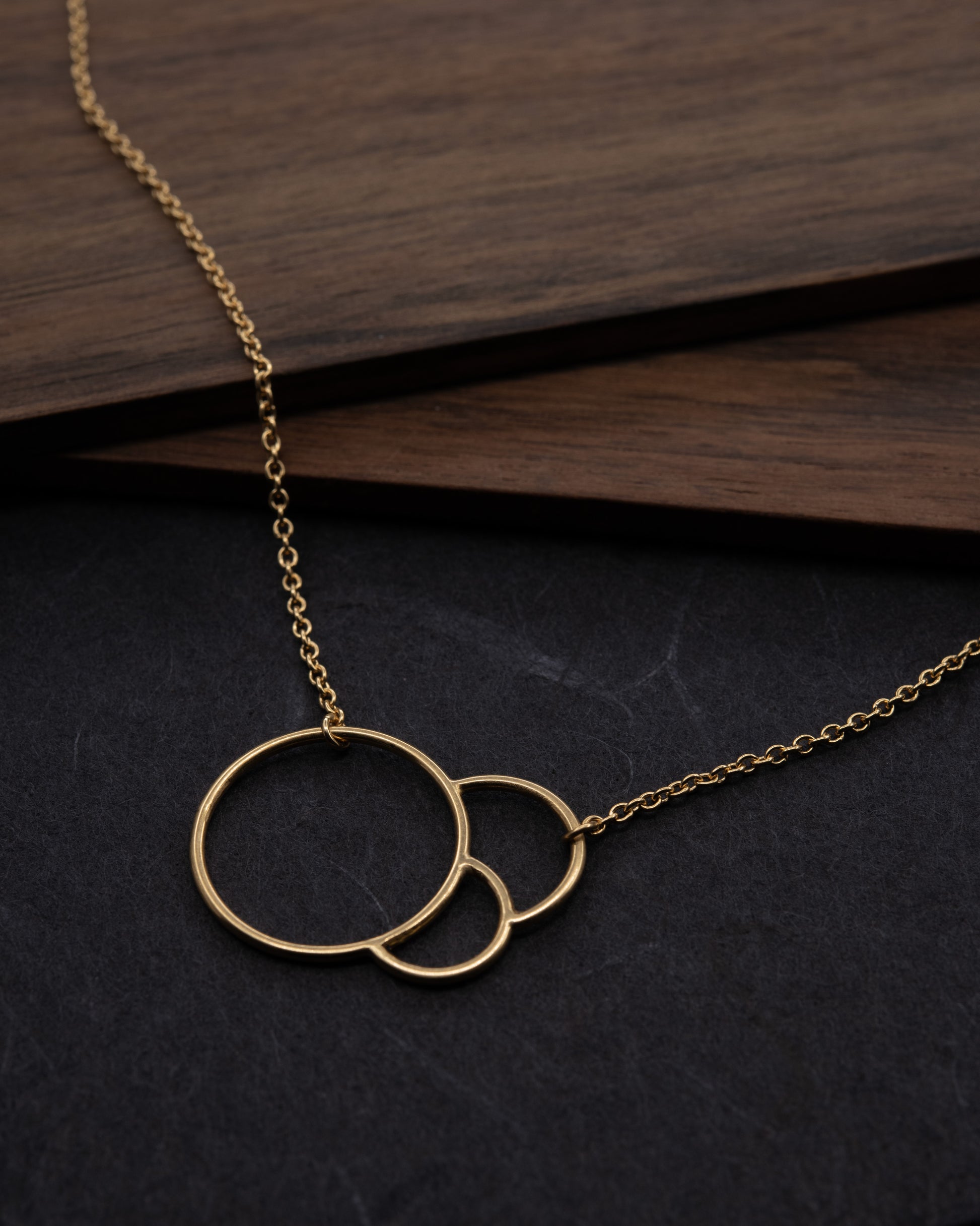 Collier en vermeil avec cercles géométriques exposé sur bois sombre – bijoux minimalistes de Paris