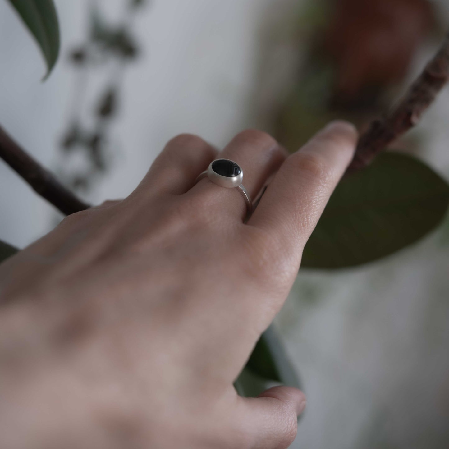 Exquisite silver ring with natural black banded agate stone