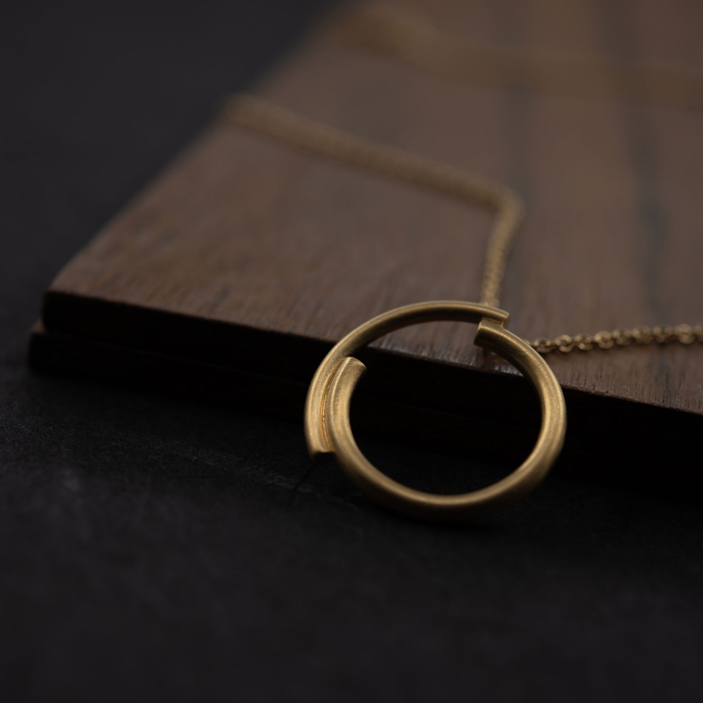 Close-up of a modern vermeil circle pendant necklace photographed on a dark background, handcrafted in Paris.