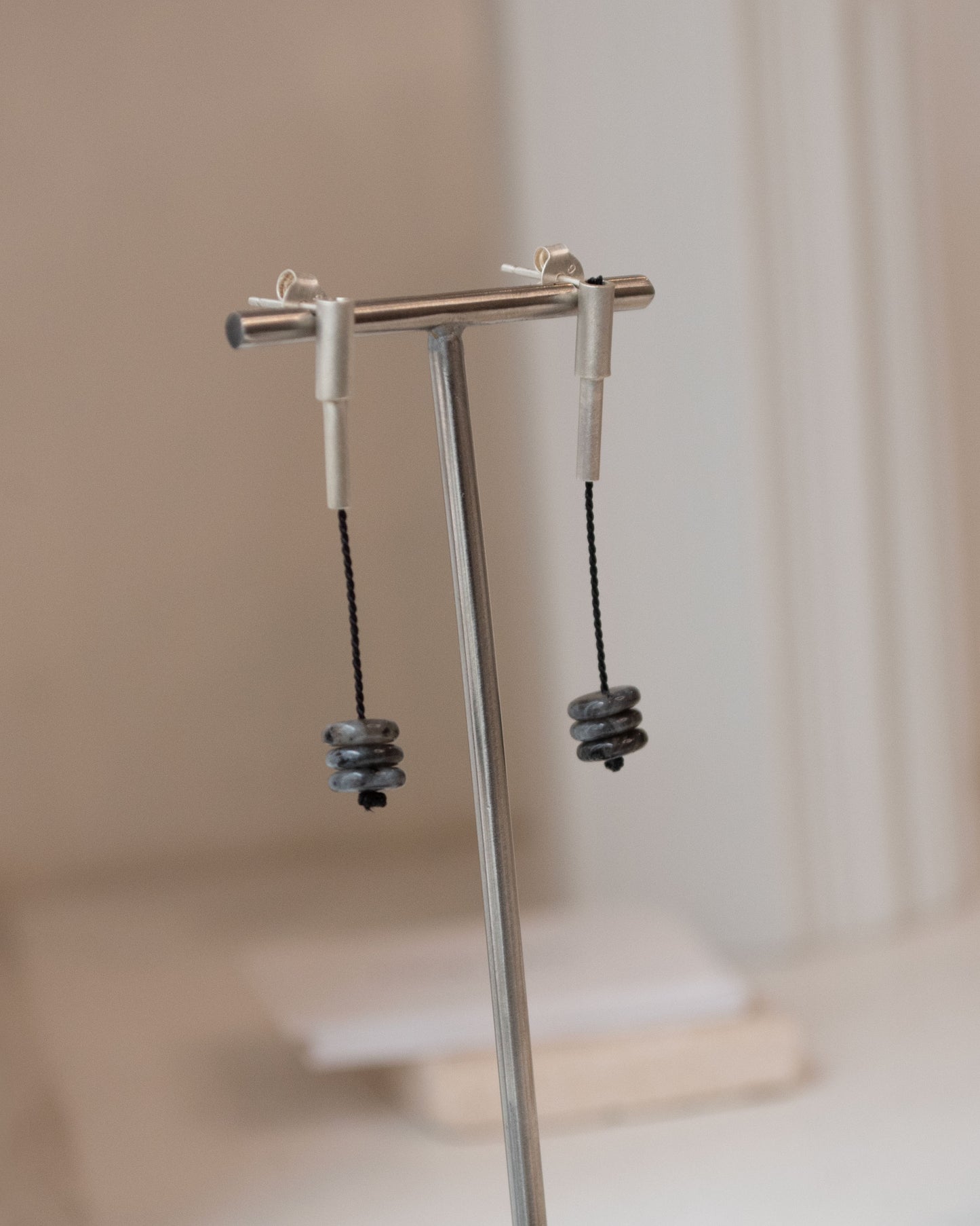 Silk and larvikite silver dangling earrings