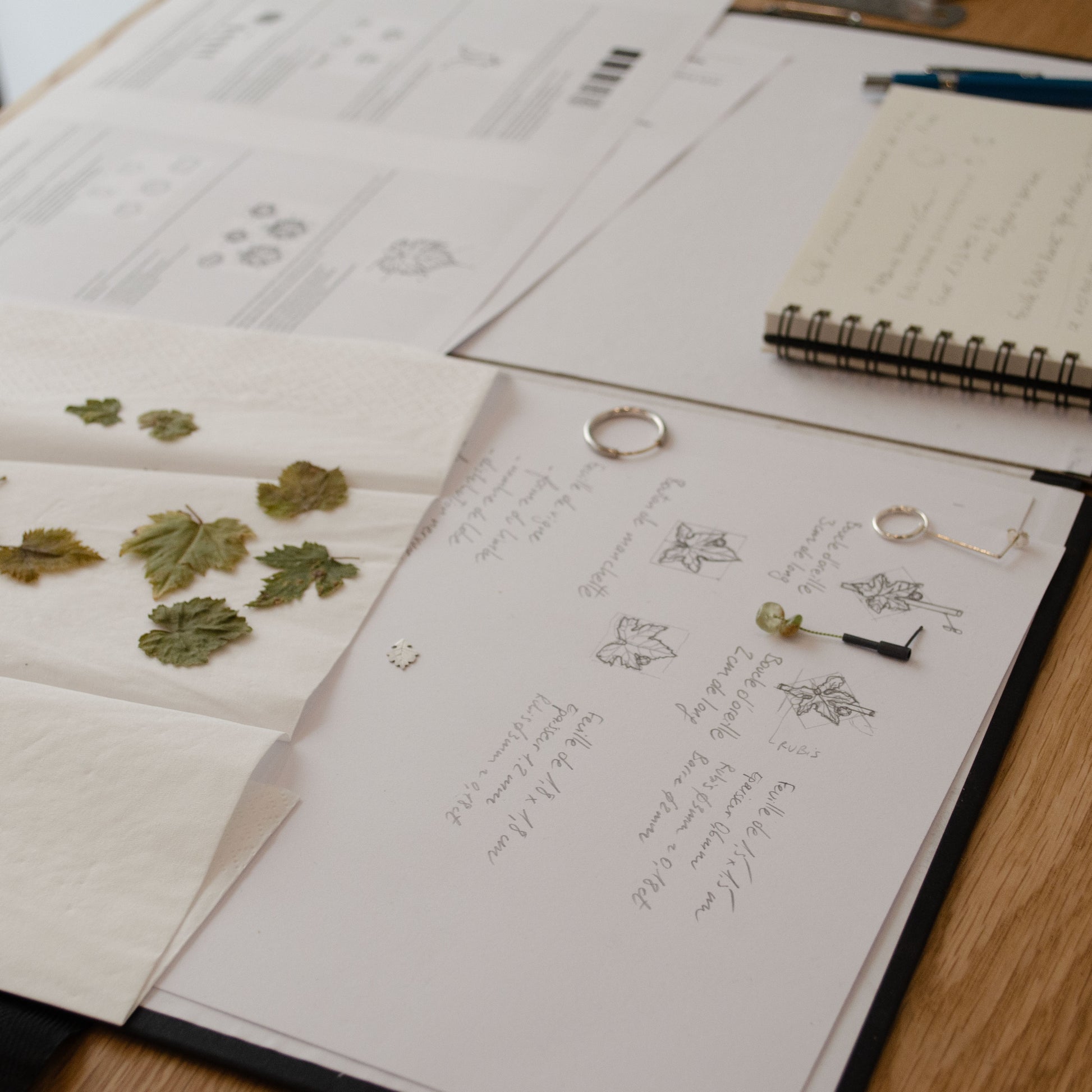 Documents with plant samples and a ring on a wooden surface