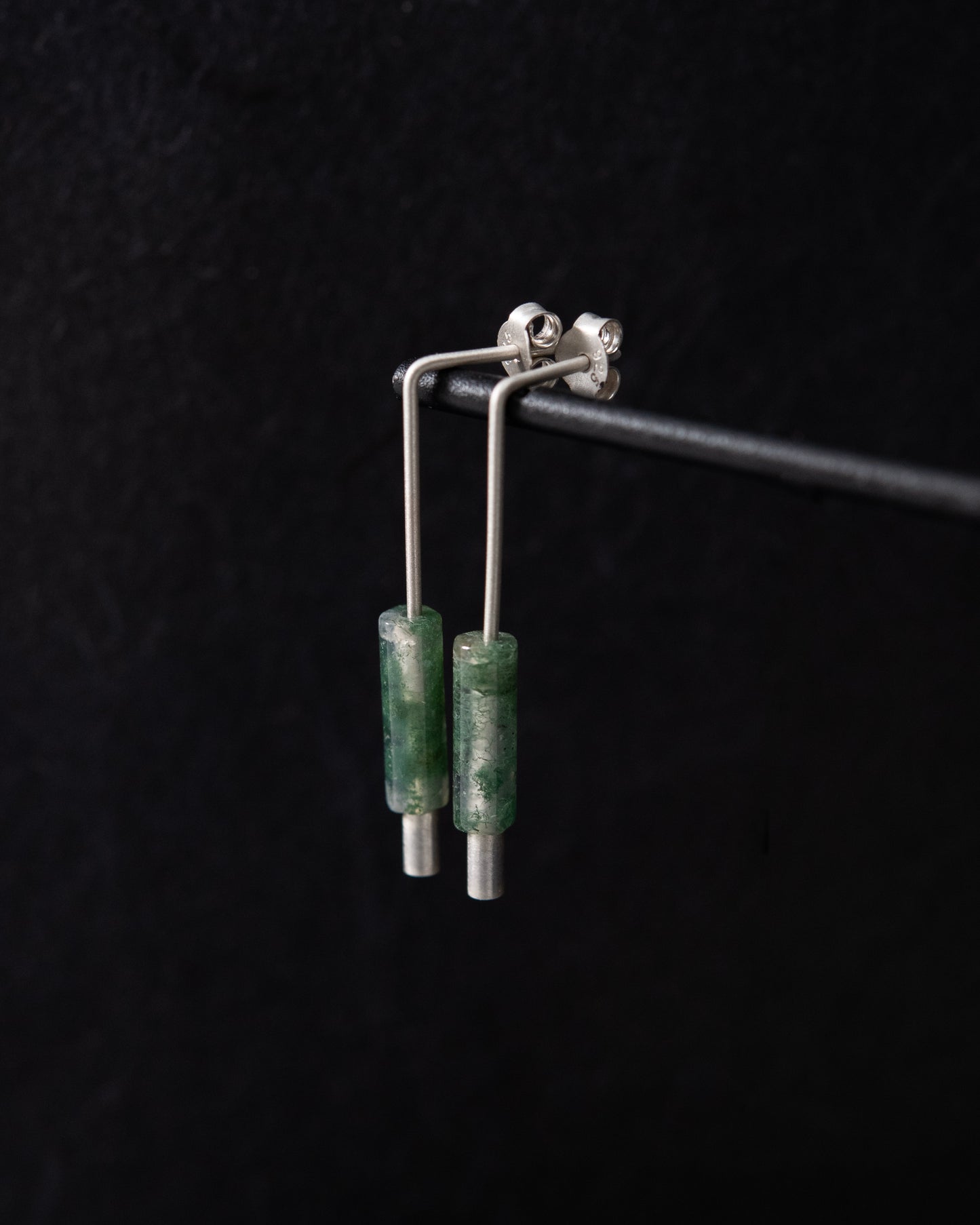 Minimalist sterling silver earrings with green moss agate stones, handmade in Paris