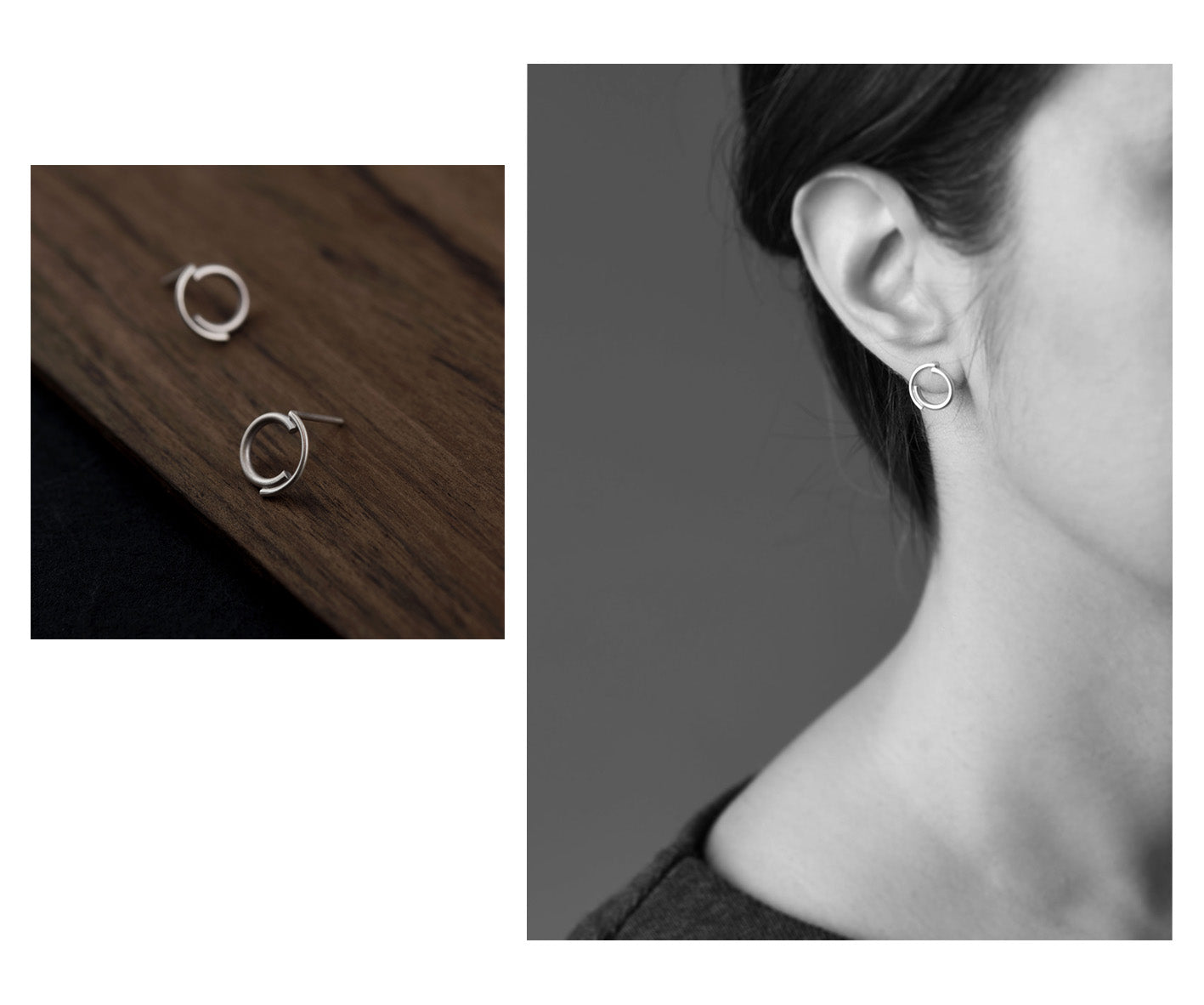 A half face of a woman wearing a concentric circles silver studs  by AgJc